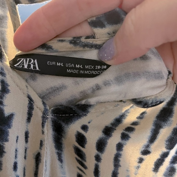 Zara Women’s Cream Khaki and Blue Batik Print Tie Back V Neck Maxi Dress Sz M/L - Picture 10 of 10